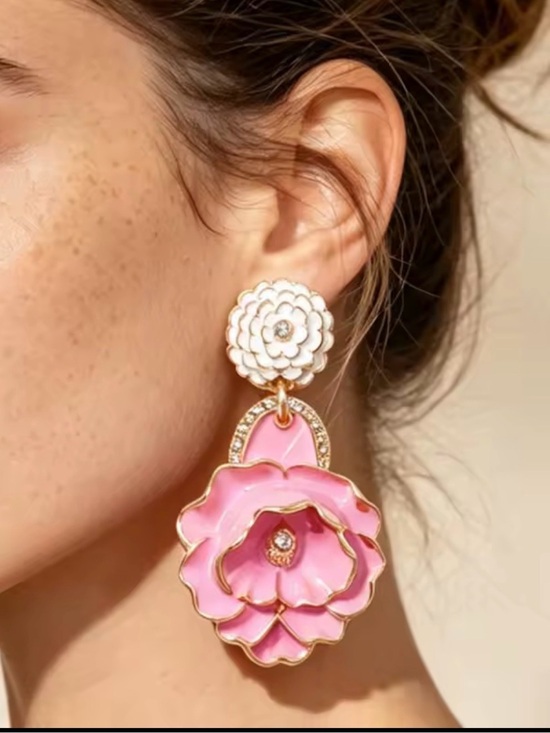 Anthropologie Jewelry - Pink & White Enamel Floral Statement Drop Earrings